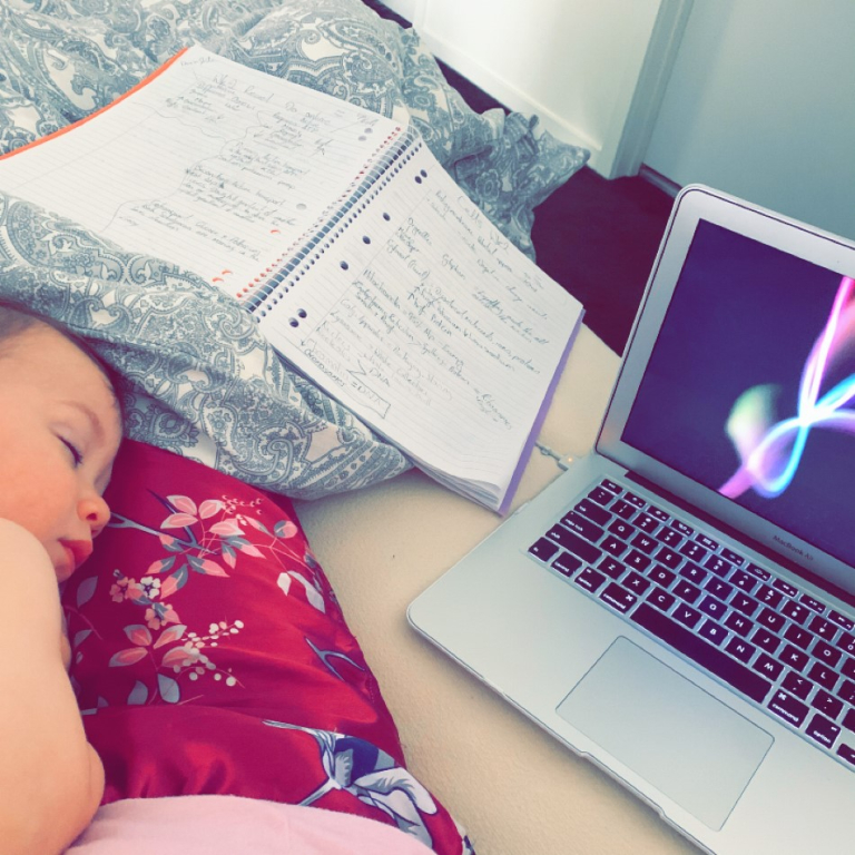 Loki sleeping next to Sharni's laptop and notebook