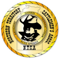 NT Cattlemen's association logo - circular design with "Northern Territory Cattlemen's Assoc" around the outside, "Katherine, Darwin, Tennant Creek, Alice Springs" inside, with stylised image of person in a hat, overlaid by outline map of NT