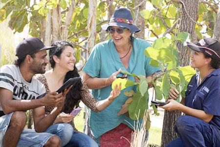 From left: Lee-Wayne Motlap, Lisa Vassilakoglou, lecturer Robyn Wing and Ange Trnka are among the first to trial the app FloraXplora
