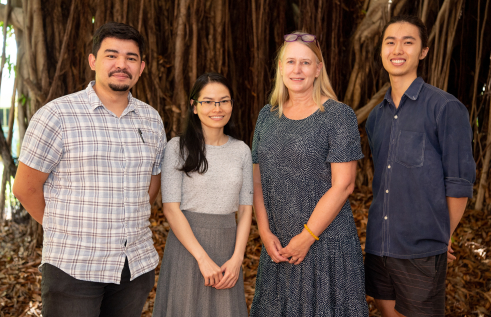 Charles Darwin University (CDU) engineering students Napoleao Da Silva (left) and Trang Nguyen participate in the social innovation challenge with support from professionals like Lecturer Dr Ulrike Kachel and Student Council Sustainability Officer Jens Cheung (right).