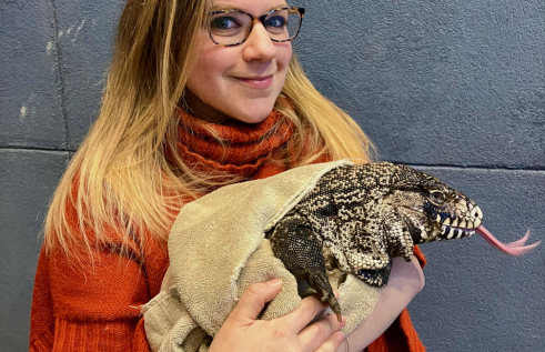 Sarah Snyder dressed in a red/brown jumper, holding a large black and white lizard partly wrapped in a towel, with its tongue sticking out